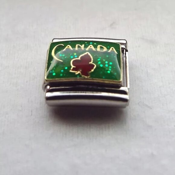Canada and maple leaf enamel 9mm stainless steel Italian charm bracelet link new - Picture 1 of 2
